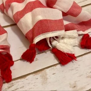 Red and white striped scarf with fringe tassles